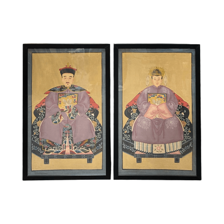 a pair of chinese hand-painted ancestral portraits in purple robes