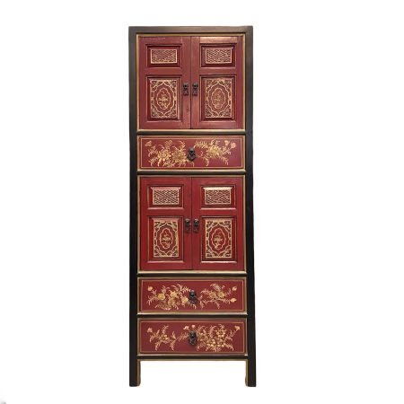 Slim cabinet in red & black with old Fujian carvings