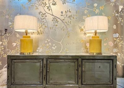 chinese antique furniture, table lamps, chinoiserie wallpaper