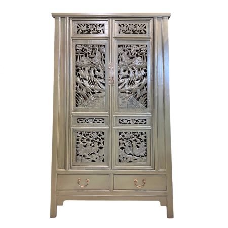 Chinese antique furniture, vintage carving, distressed olive green