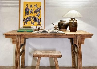 Chinese antique furniture, zhejiang cypress wood painter's table and rustic elm stool, oriental table lamps