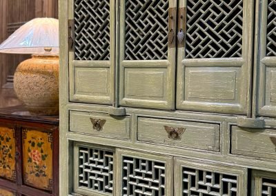 Chinese antique furniture, kitchen cabinet in distressed green washed finish