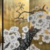 Hand-painted gold leaf 4-panel room divider with begonia flowers and mandarin ducks