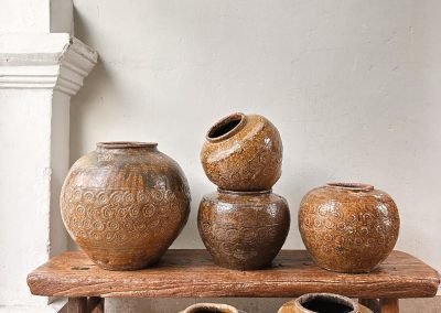 Chinese antique furniture, low rustic Elm bench and ceramic vintage mustard pots