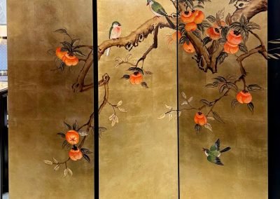 3-panel chinese hand-painted room divider screen with gold leaf background and persimmons painting