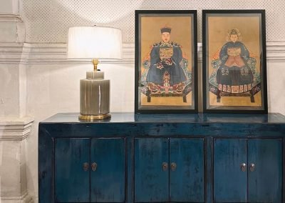 Chinese antique furniture, dark teal blue sideboard, ancestral portraits with dark blue robe