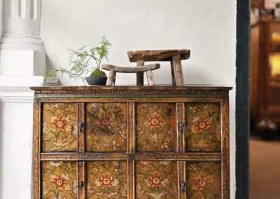 Chinese antique furniture, Antique Tibetan cabinet in copper tones with flower paintings