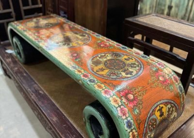 Hand-painted Tibetan-style orange & green low scroll table