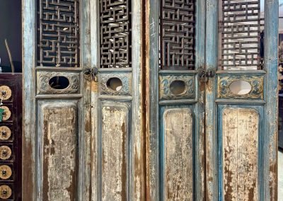 Chinese antique door panels in distressed light blue and off-white, from Chaozhou