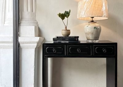 A small black vintage chinese table, styled with a shiwan pot lamp, a small plant and books