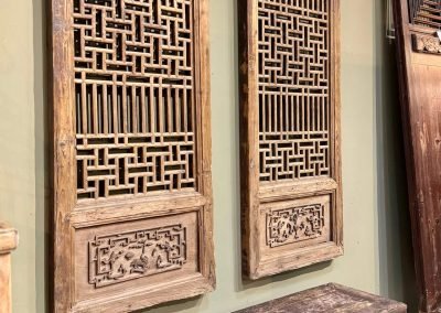 A pair of antique tall Zhejiang chinese window panels with lattice work & carvings