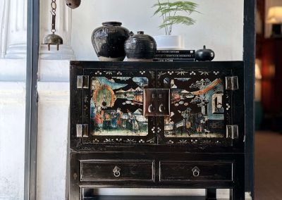 a chinese antique painted chest with turquoise blue, coral & white colour tones